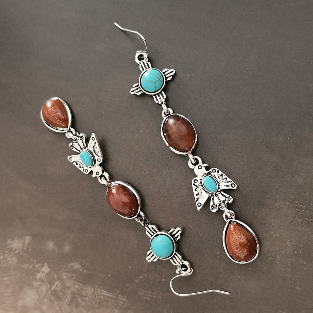 VINTAGE Turquoise Totem Dangle Earrings Boho Tribal Inspired Copper Goldstone - Picture 7 of 13